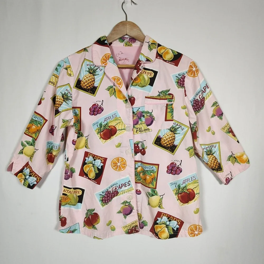 Nick & Nora Pajama Set Women's Small Pink Fruit Crate Print Cotton Sleepwear